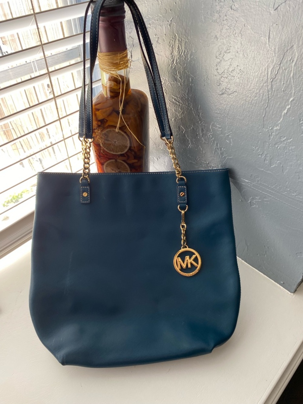 Michael Kors Deep Navy Leather Tote with Gold MK Charm